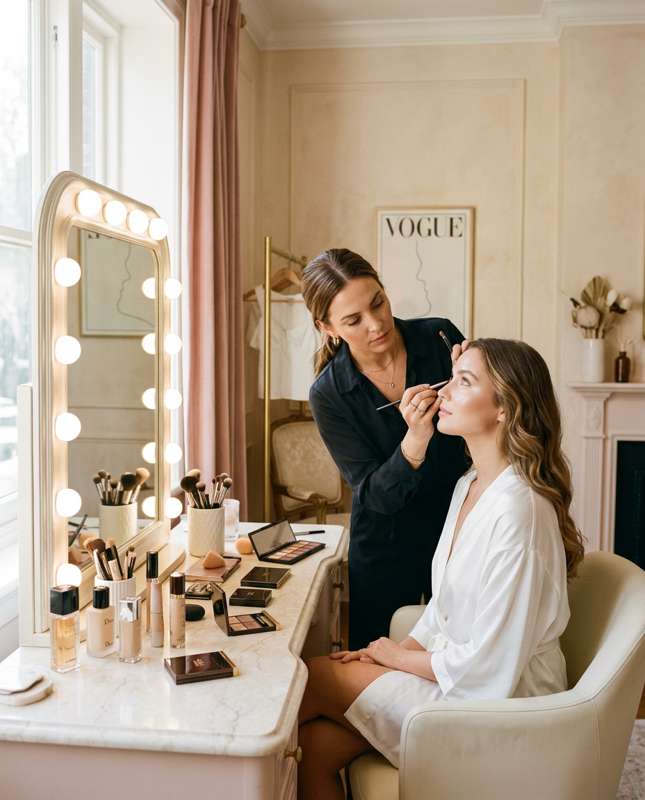 Makeup artist finishing a client's look at a lit vanity in a soft pink studio