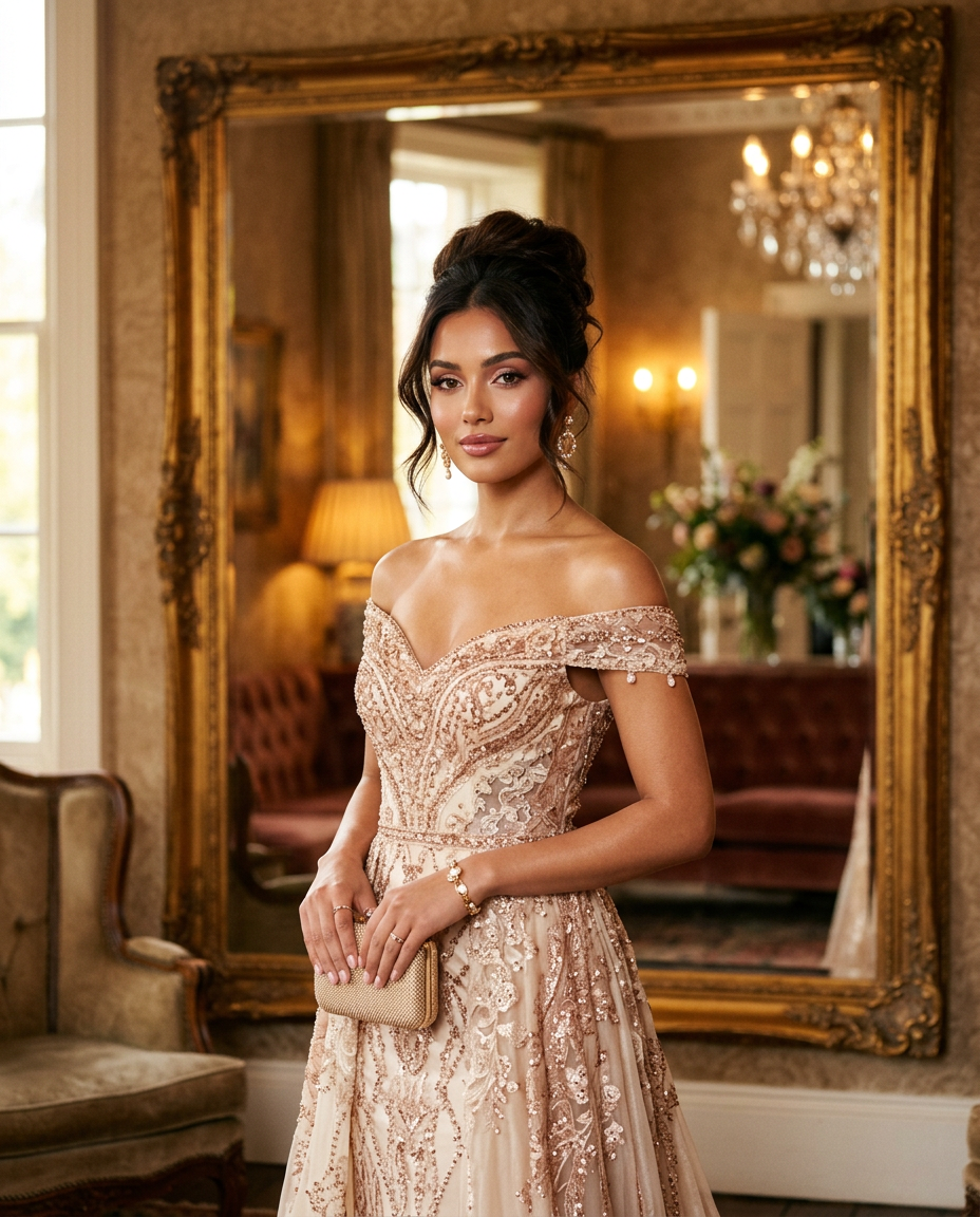 Event ready client in an evening gown beside a gilded mirror