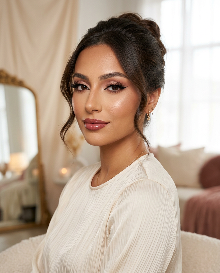 Woman with full glam makeup, dramatic lashes and glossy rose lips