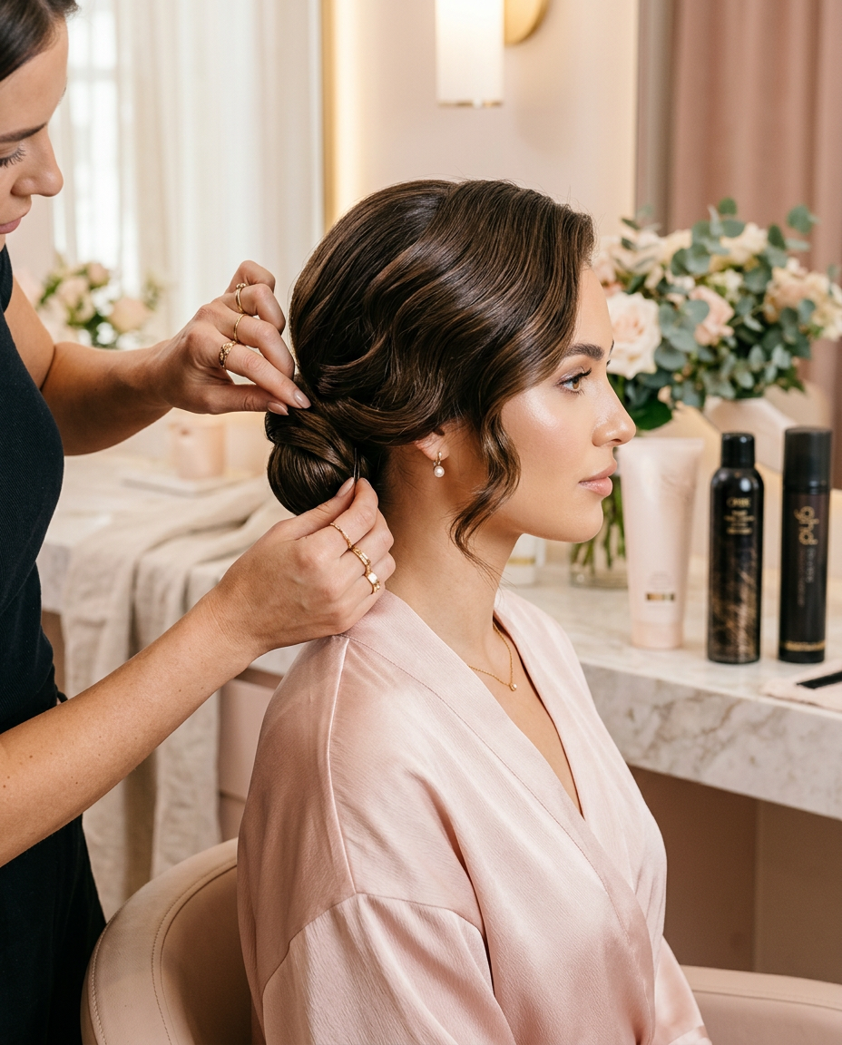 Stylist finishing an elegant low bun for a client in a pink robe
