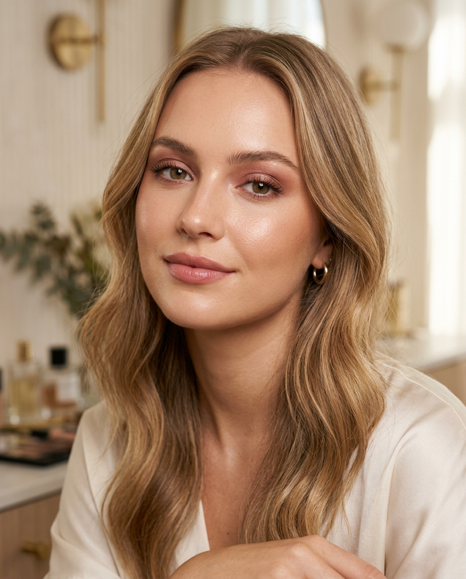 Woman with soft glam makeup and glowing skin in a warm cream studio